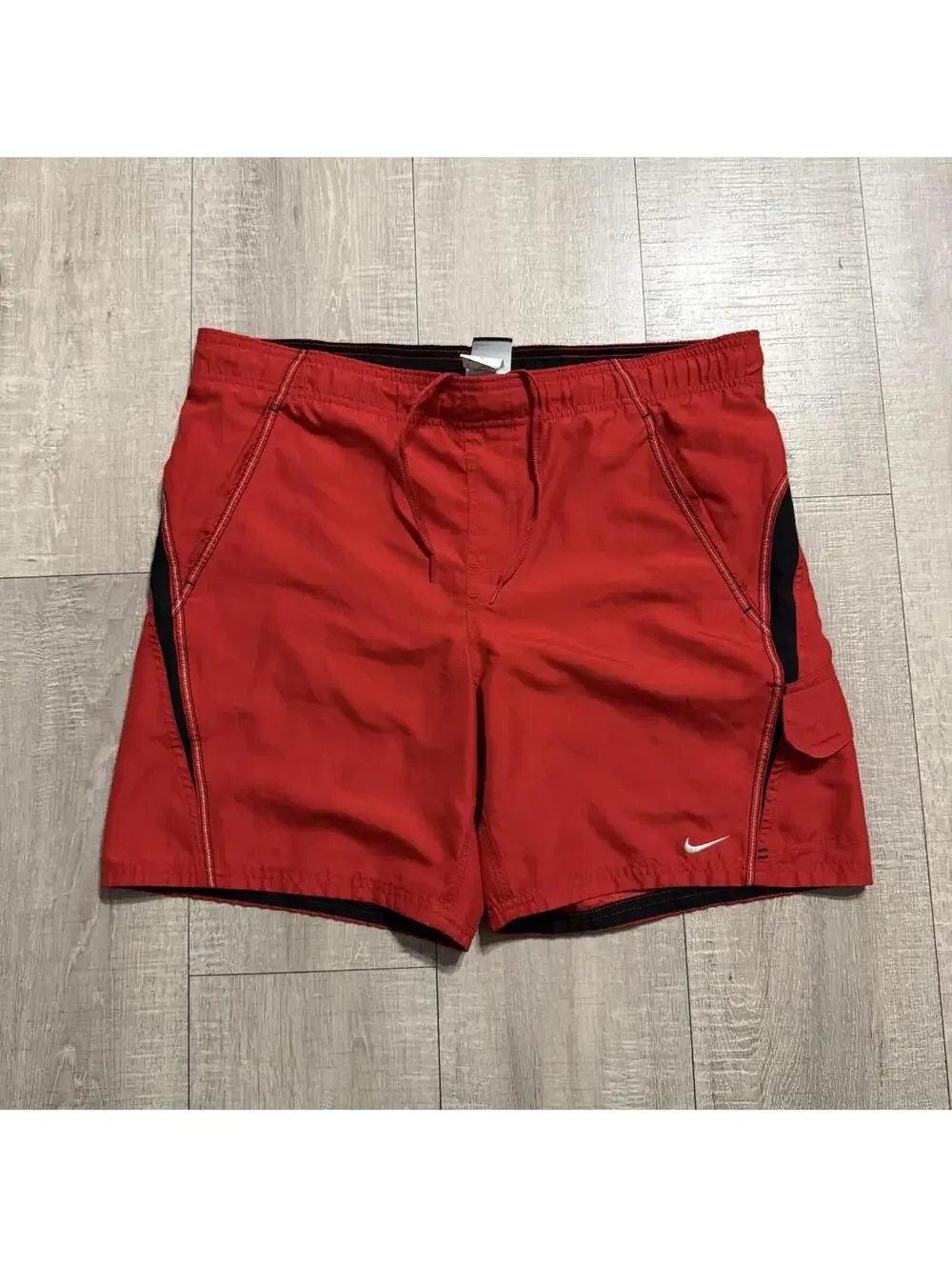 2010’s Nike Swim Shorts Mesh Lined Drawstring Red Black Cargo Swoosh Men's M